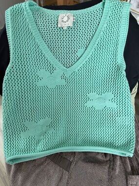 Mint Knit Crochet V-Neck Top size L